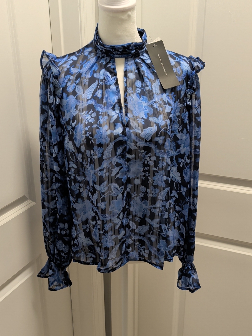 French Connection NWT Size 2  Blue Floral Sheer Long-Sleeve Blouse